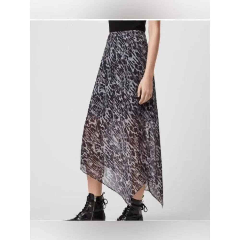 AllSaints Rhea animal print slip skirt.  Sheer Asymmetric Hem Black/Gray